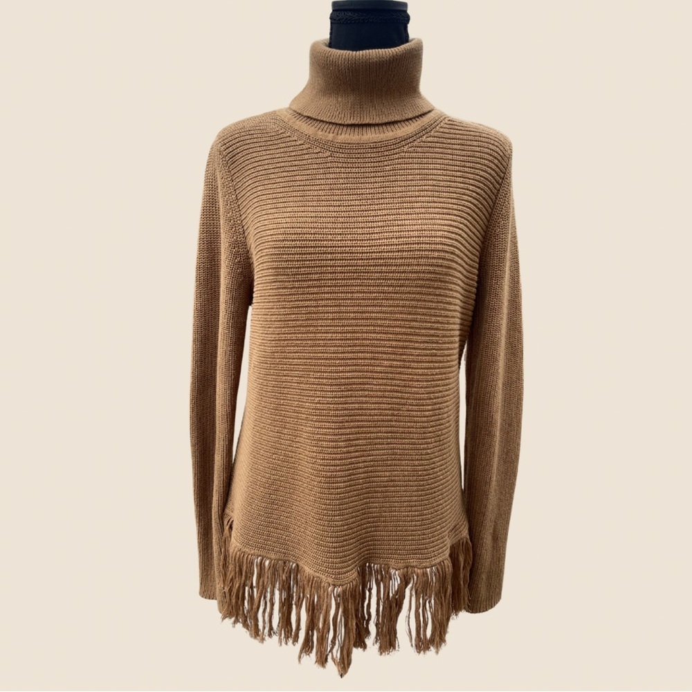Michael Kors tan fringe hem ribbed turtleneck • size S